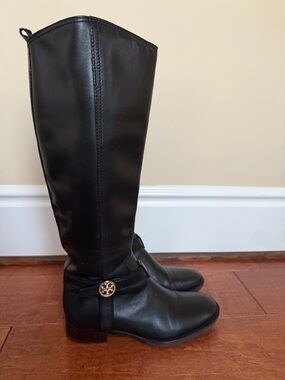 Tory Burch Black Leather Knee-High Boots with Gold Logo